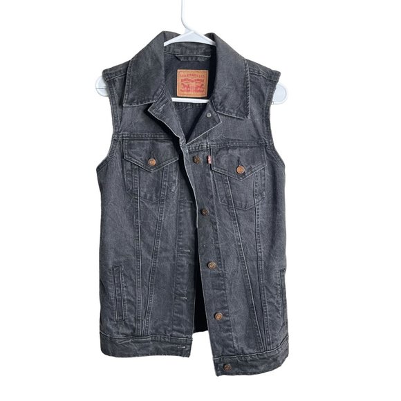 Levi's Other - Levi’s Washed Black Distressed Raw Hem Sleeveless Jean Denim Jacket SIZE SMALL